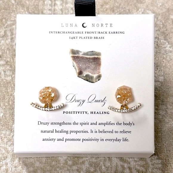Brand New Luna Norte 14Kt Gold Plated Druzy Quartz Interchangeable Post Earrings - Picture 11 of 16